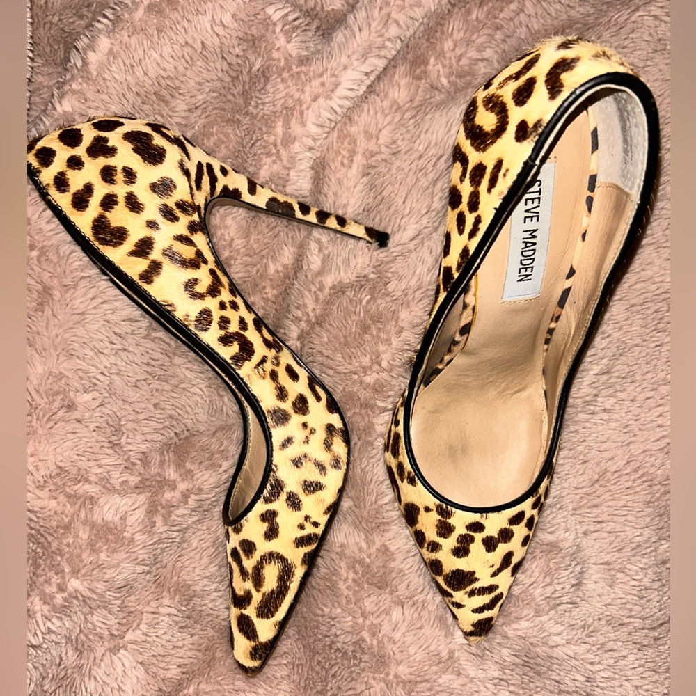 Steve Madden Daisie Leopard Print Leather Calf Fur Womens High Heels Size 7.5 - Picture 2 of 8